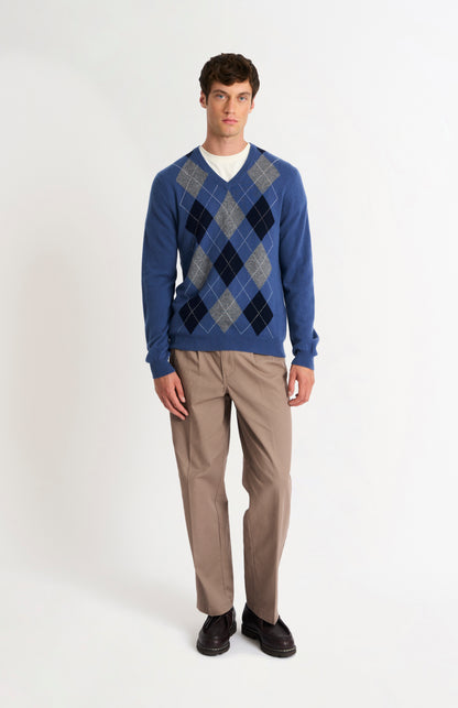Pringle Men’s Argyle Cashmere V-Neck Jumper In Blue, Navy & Grey on model full length
