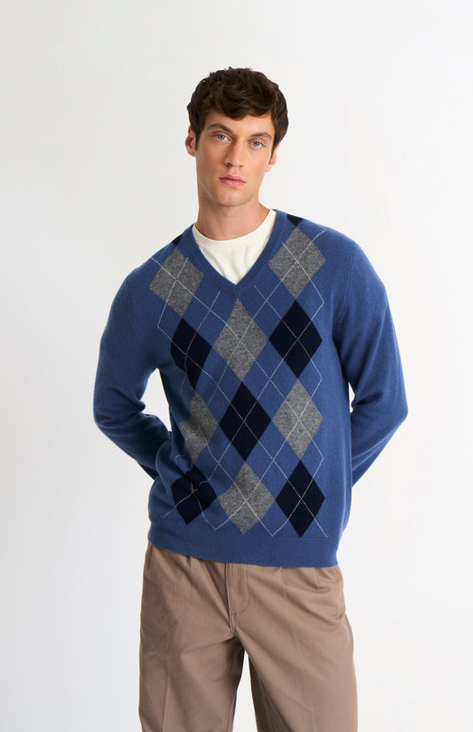 Pringle Men’s Argyle Cashmere V-Neck Jumper In Blue, Navy & Grey on model