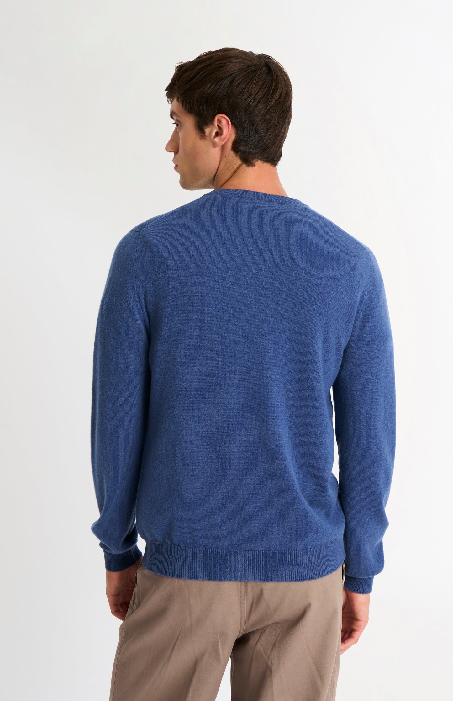 Pringle Men’s Argyle Cashmere V-Neck Jumper In Blue, Navy & Grey rear view