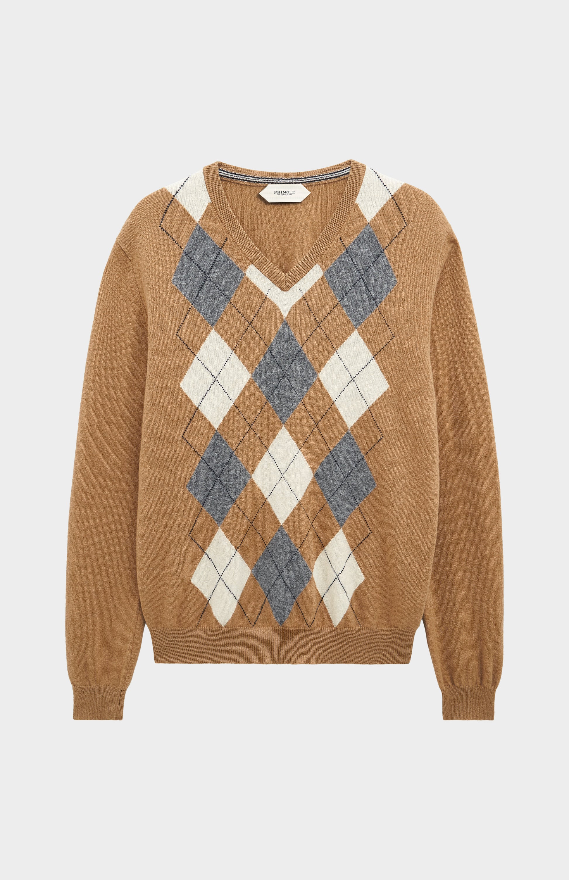 Pringle Men’s Argyle Cashmere V-Neck Jumper In Camel, Ecru & Grey 