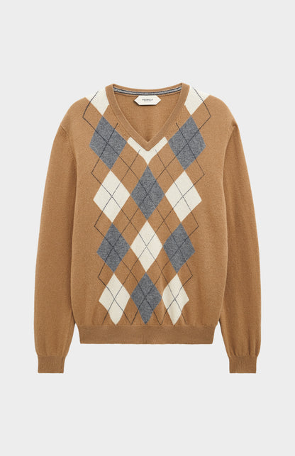 Pringle Men’s Argyle Cashmere V-Neck Jumper In Camel, Ecru & Grey 