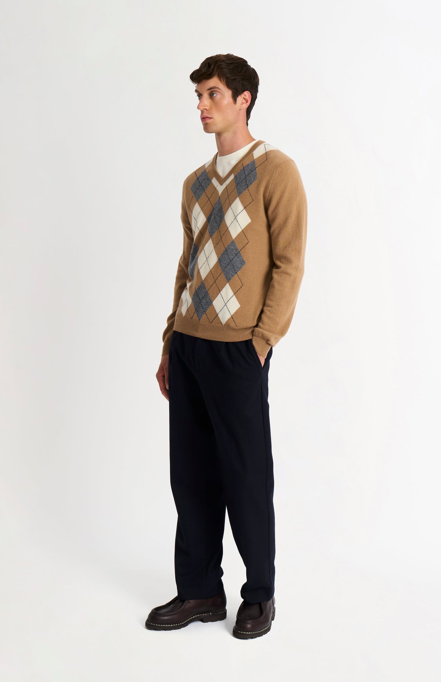 Pringle Men’s Argyle Cashmere V-Neck Jumper In Camel, Ecru & Grey on model full length