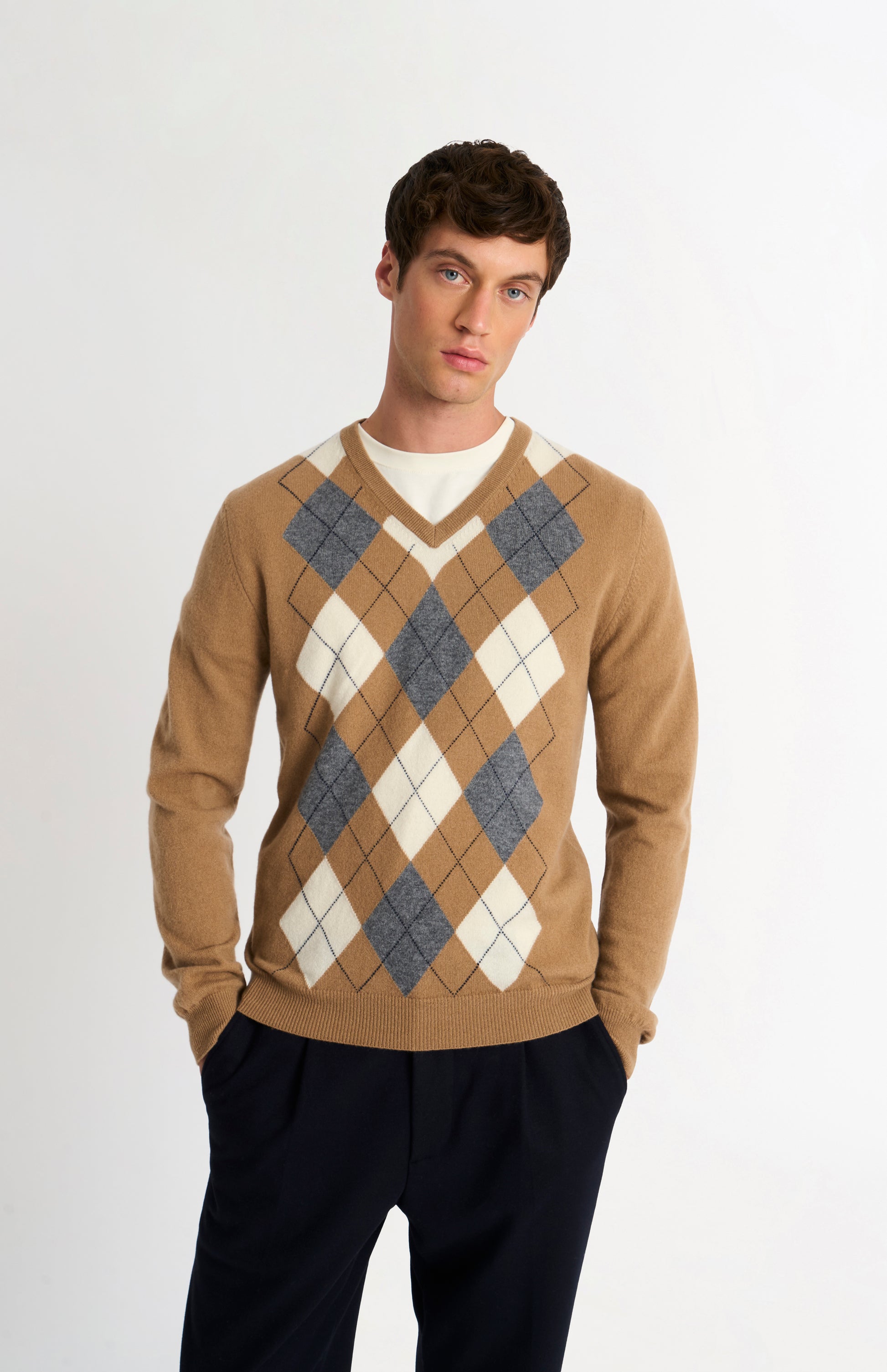Pringle Men’s Argyle Cashmere V-Neck Jumper In Camel, Ecru & Grey on model