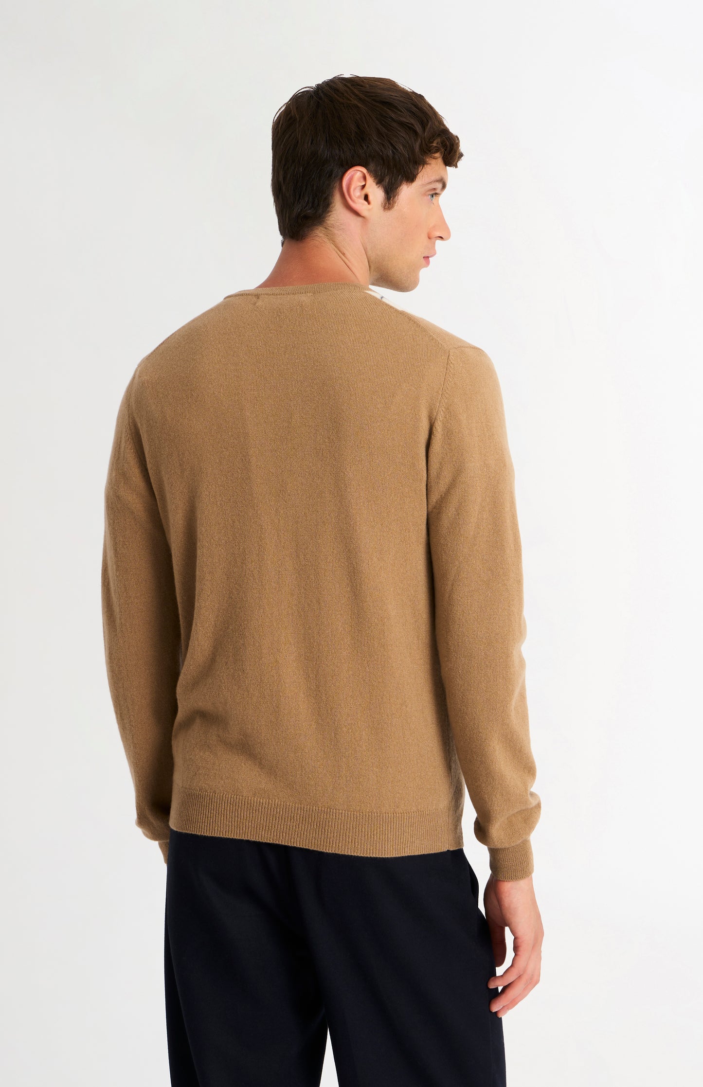 Pringle Men’s Argyle Cashmere V-Neck Jumper In Camel, Ecru & Grey rear view
