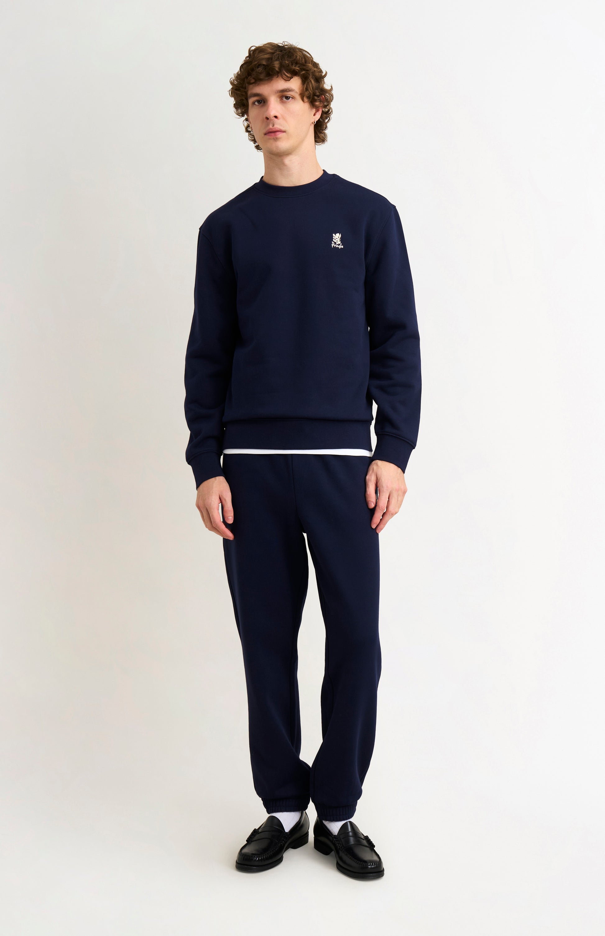 Pringle of Scotland Men's Crew Neck Sweatshirt In Navy Blue on model