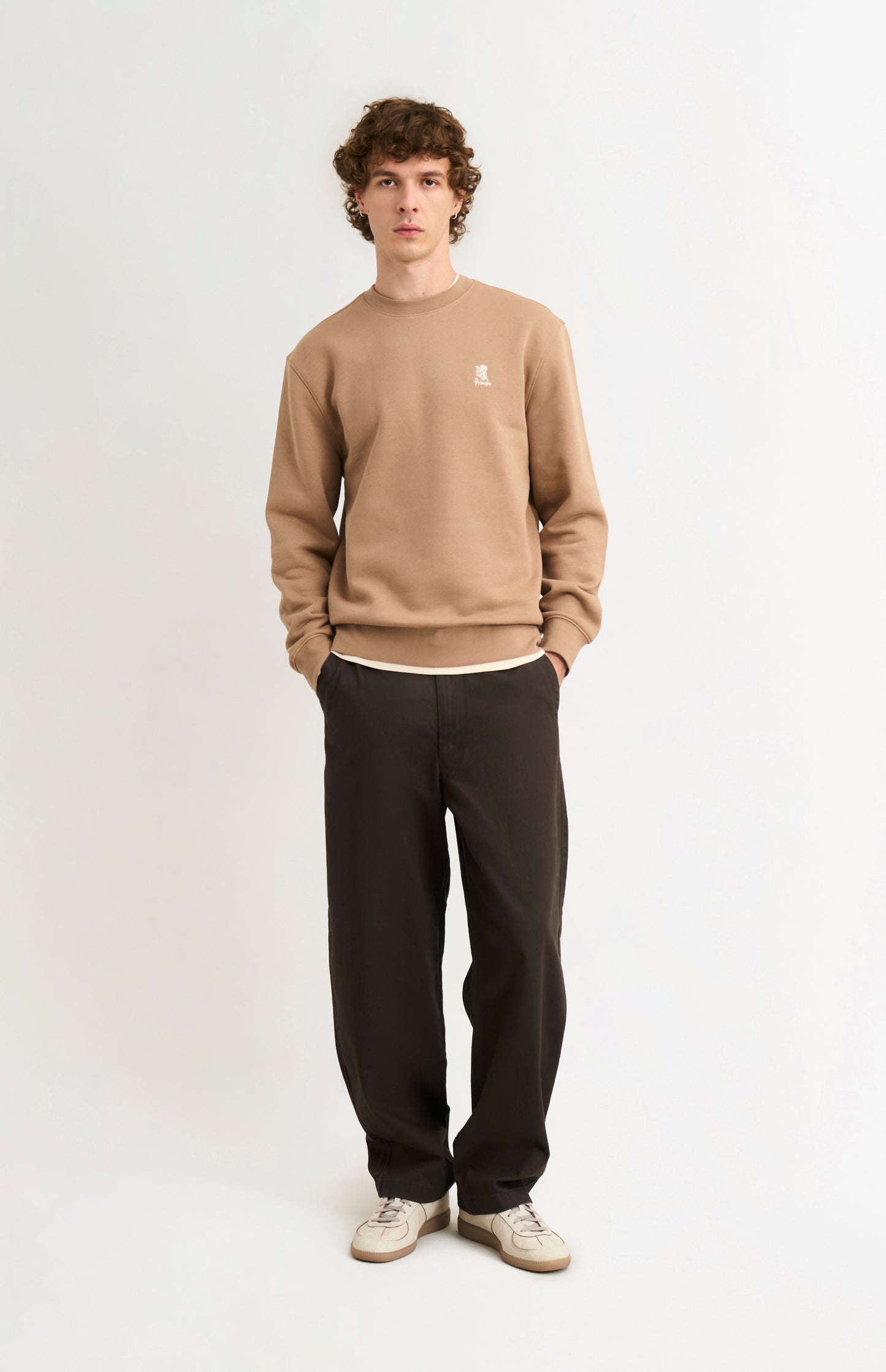 Pringle of Scotland Men's Crew Neck Sweatshirt In Mushroom on model fulllength