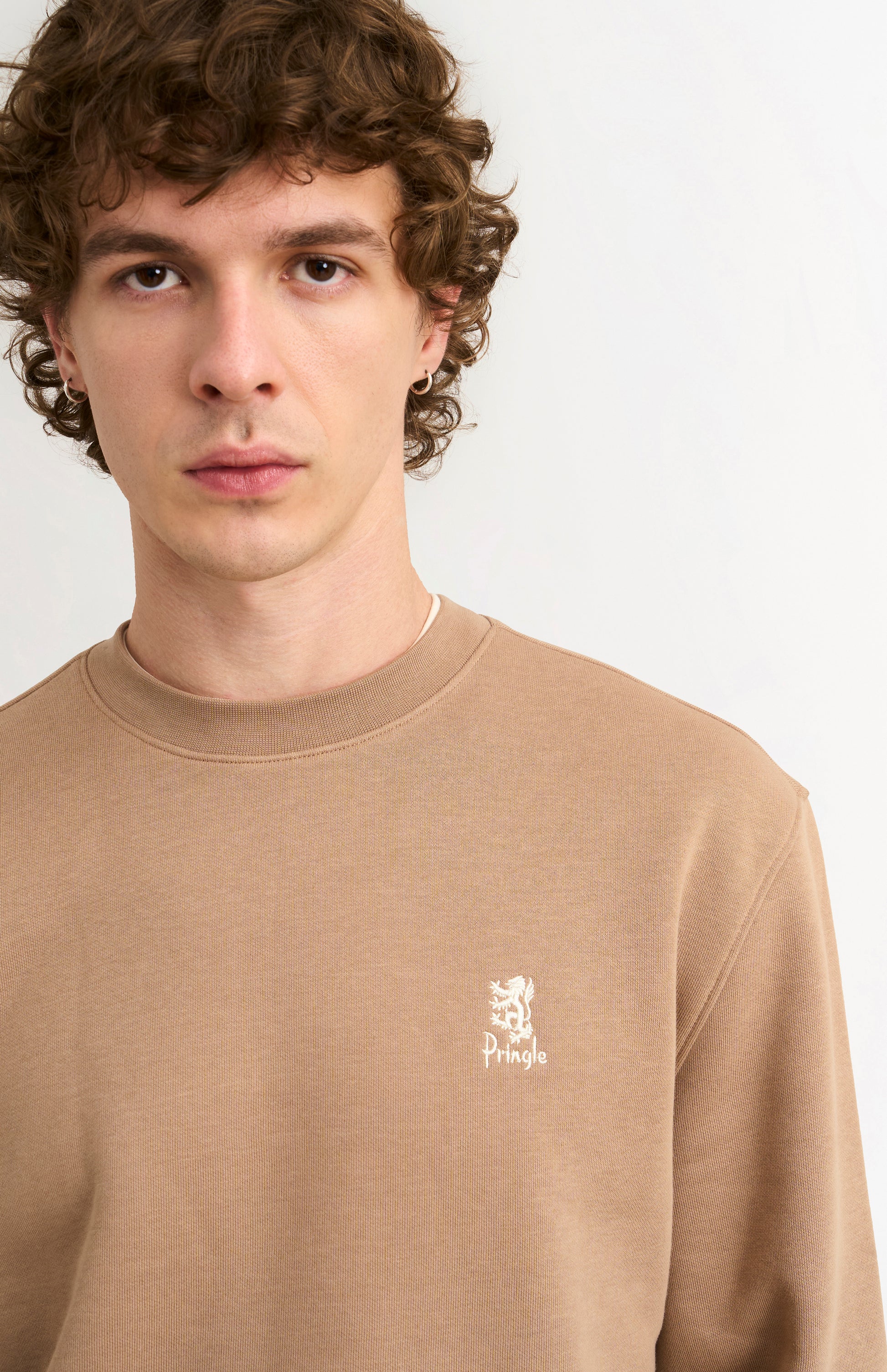 Pringle of Scotland Men's Crew Neck Sweatshirt In Mushroom embroidery detail