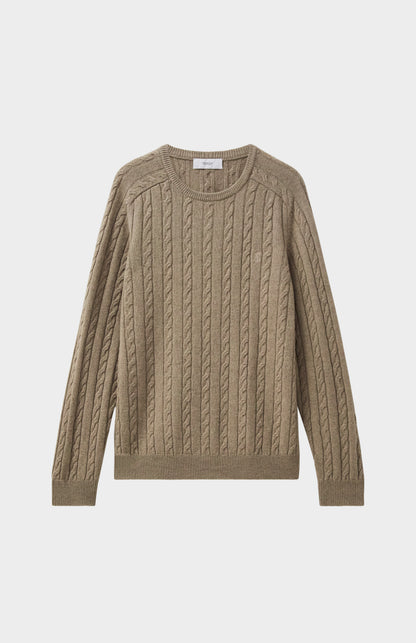 Pringle Men's Round Neck Cable Knit Lambswool Jumper in Dark Natural flat shot
