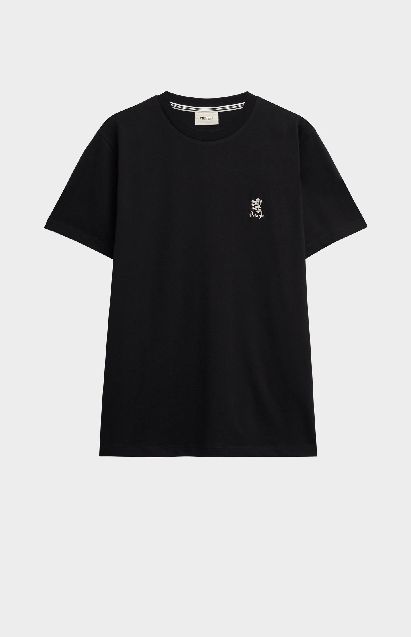 Black t-shirt with a small logo on a white background