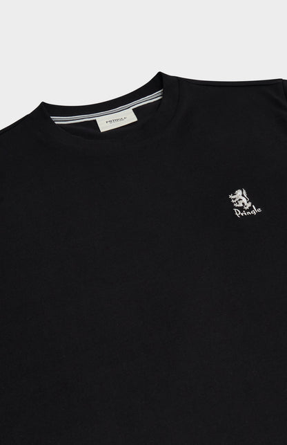 Black t-shirt with a small logo on the chest against a light gray background