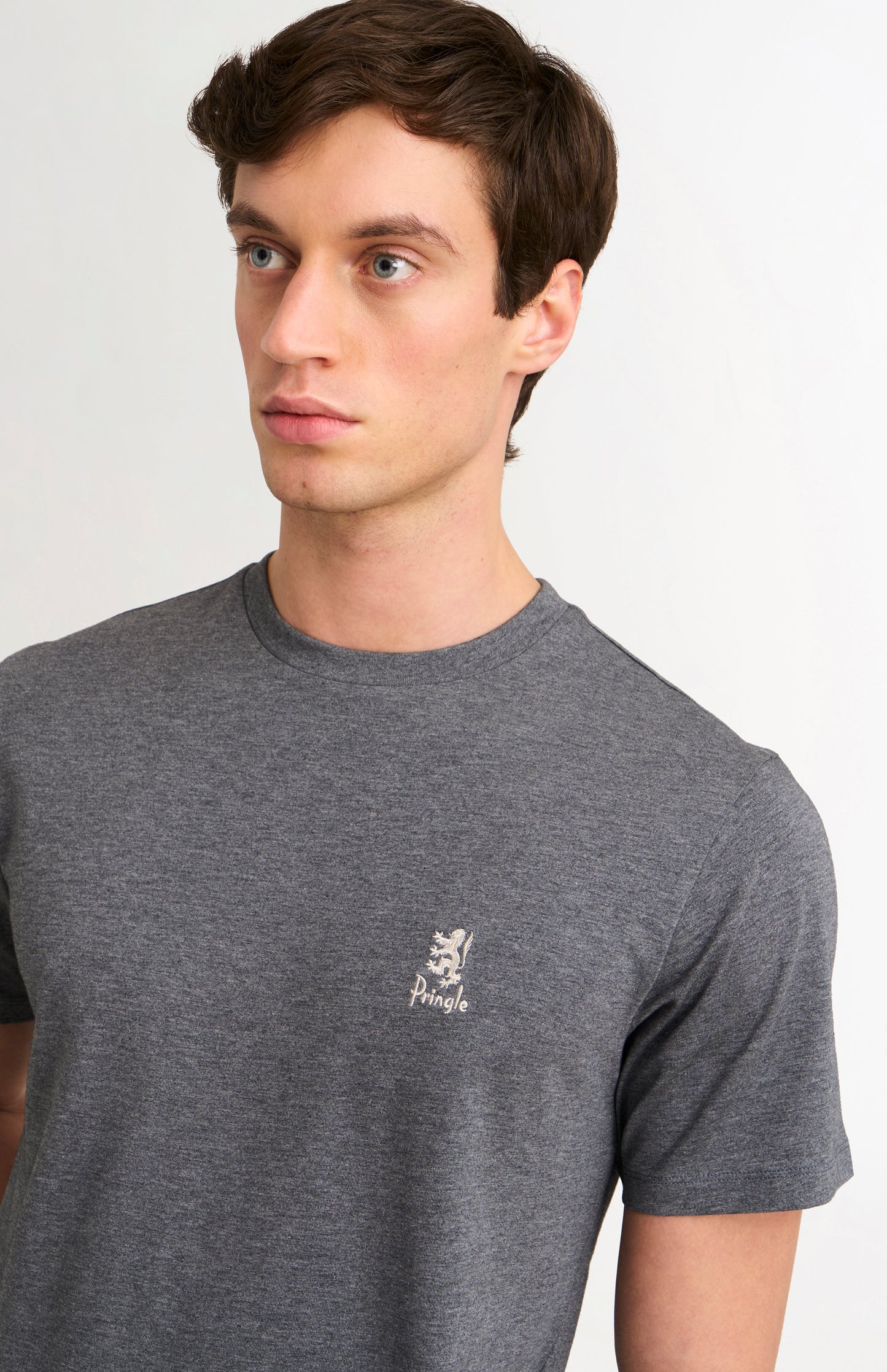 Man wearing a gray t-shirt with a small logo on a plain background