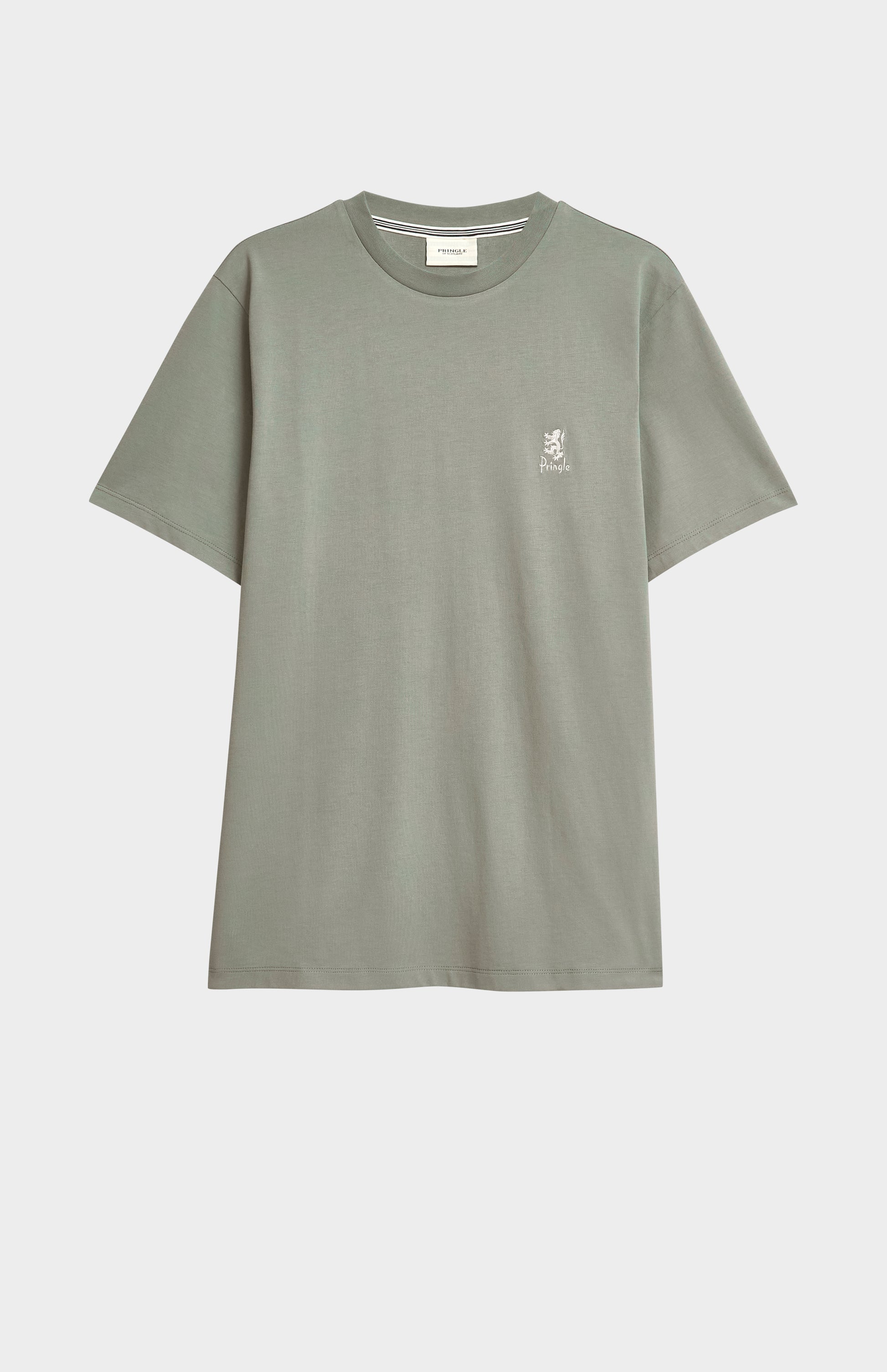 Green t-shirt with a small logo on a light gray background