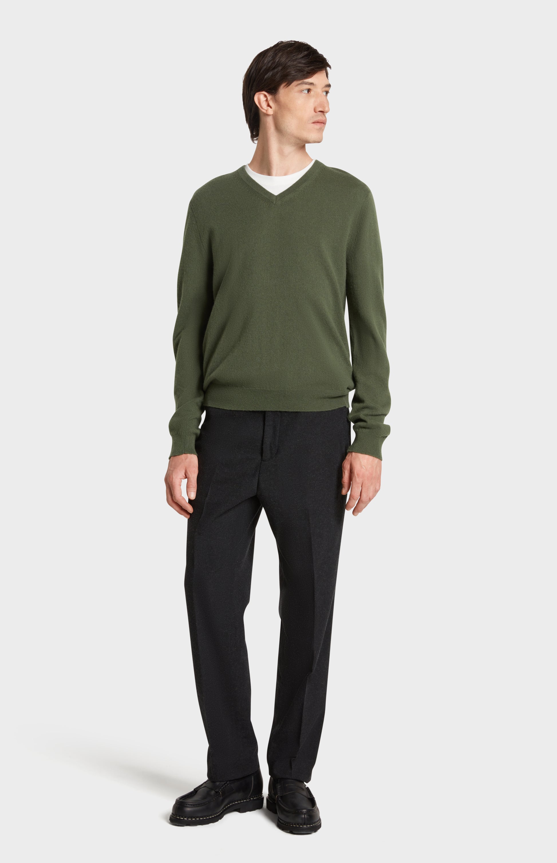 Full Front Look in Pringle of Scotland V Neck Cashmere Jumper in Green