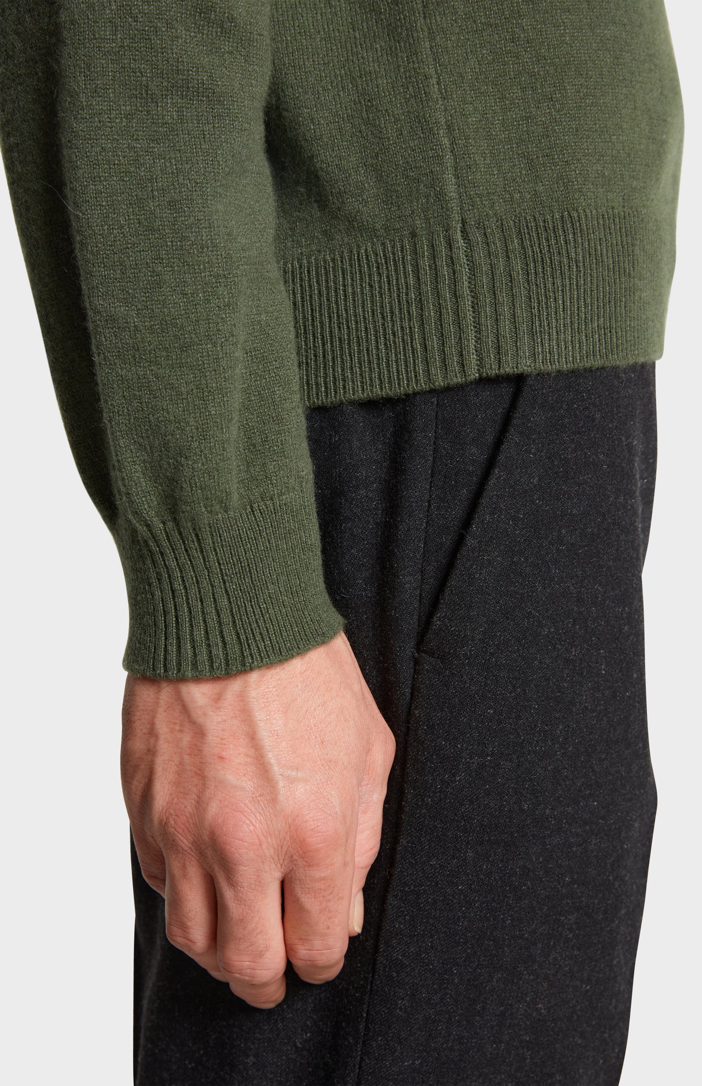 Close Up mage of Sleeve Detail of Pringle of Scotland Men's V Neck Cashmere Jumper in Green