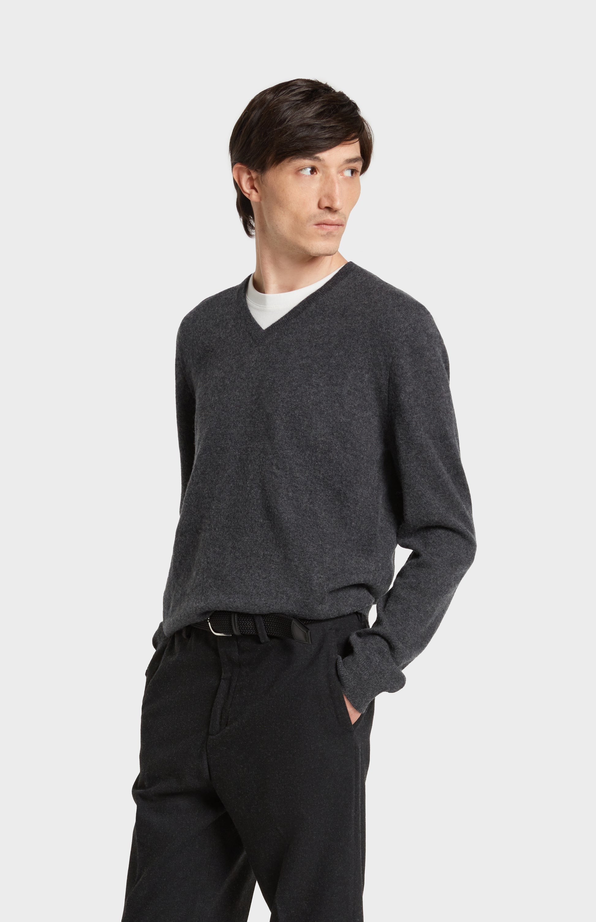 Pringle of Scotland V Neck Cashmere Jumper in Charcoal Melange on Model