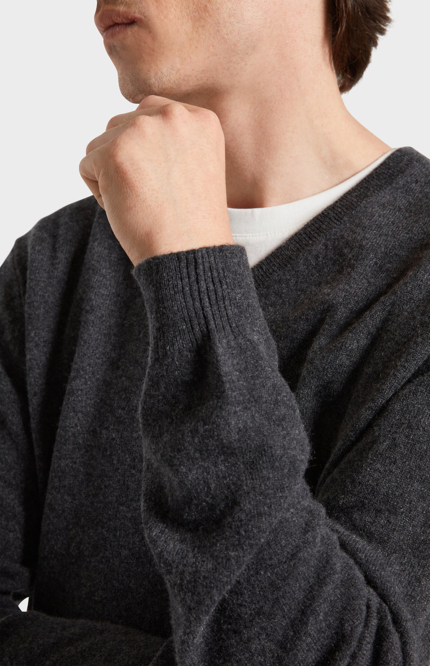 Close Up Image of Pringle of Scotland V Neck Cashmere Jumper in Charcoal Melange