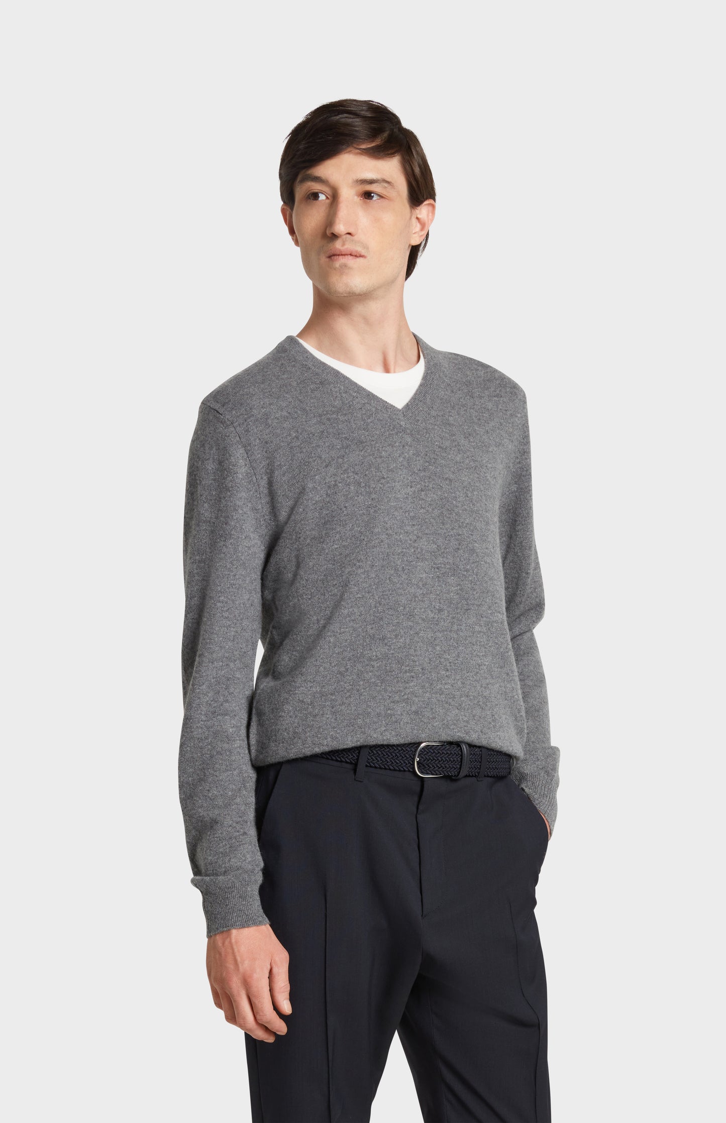Pringle of Scotland V Neck Cashmere Jumper in Grey Melange on Model
