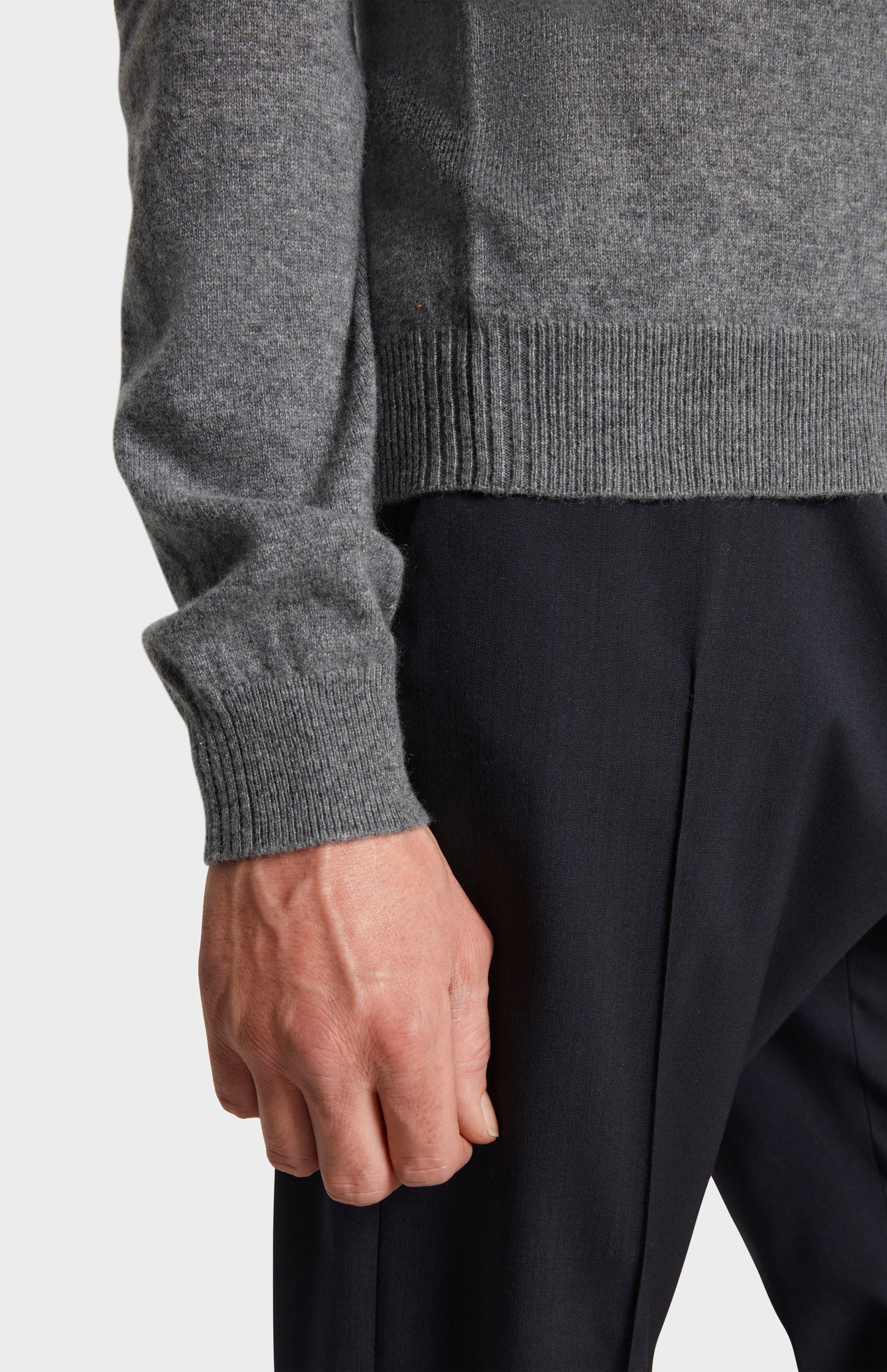 Close up Image of the Sleeve Detail of Pringle of Scotland V Neck Cashmere Jumper in Grey Melange