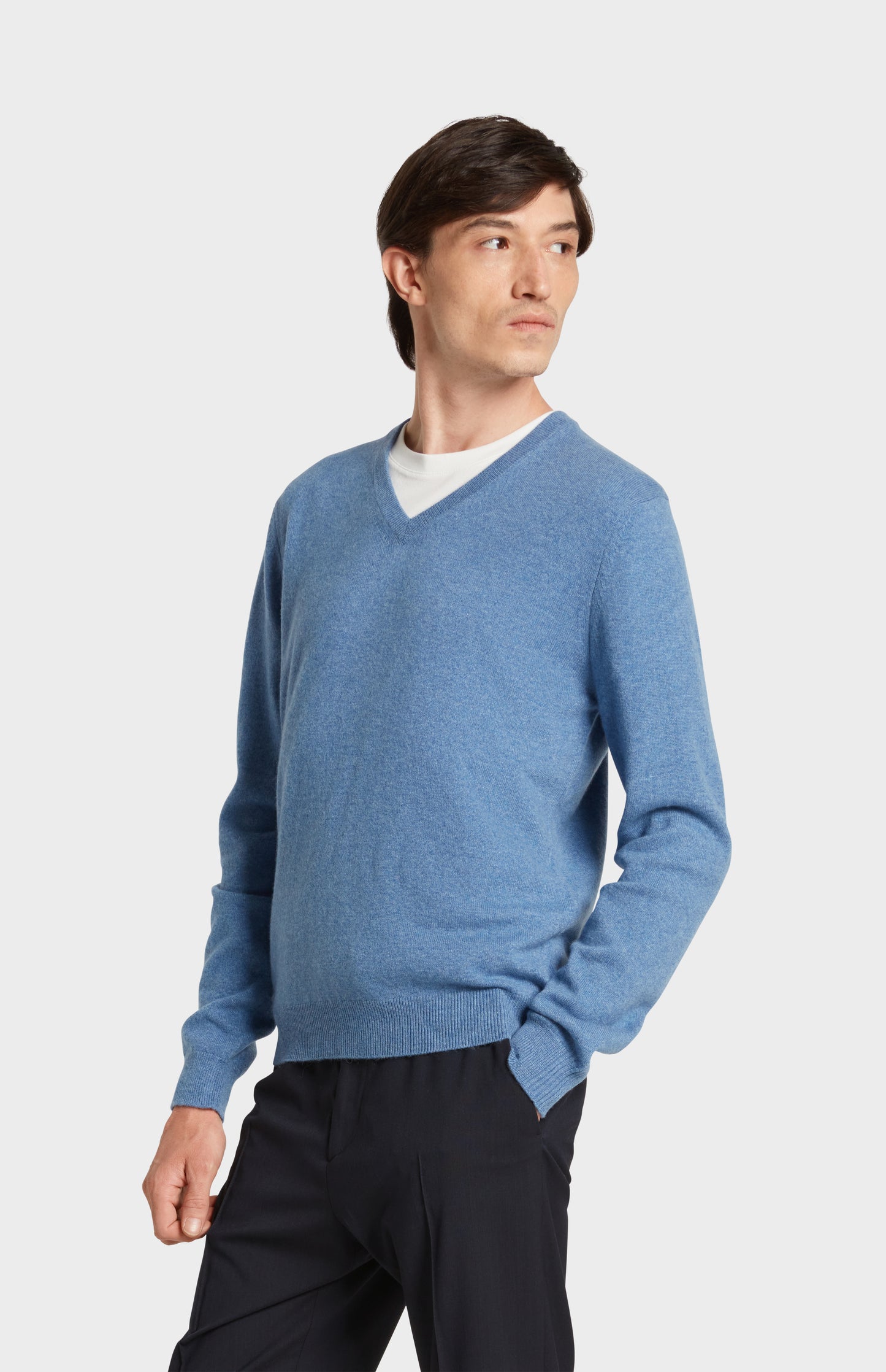 Pringle of Scotland Men's  V Neck Cashmere Jumper in Blue on Model