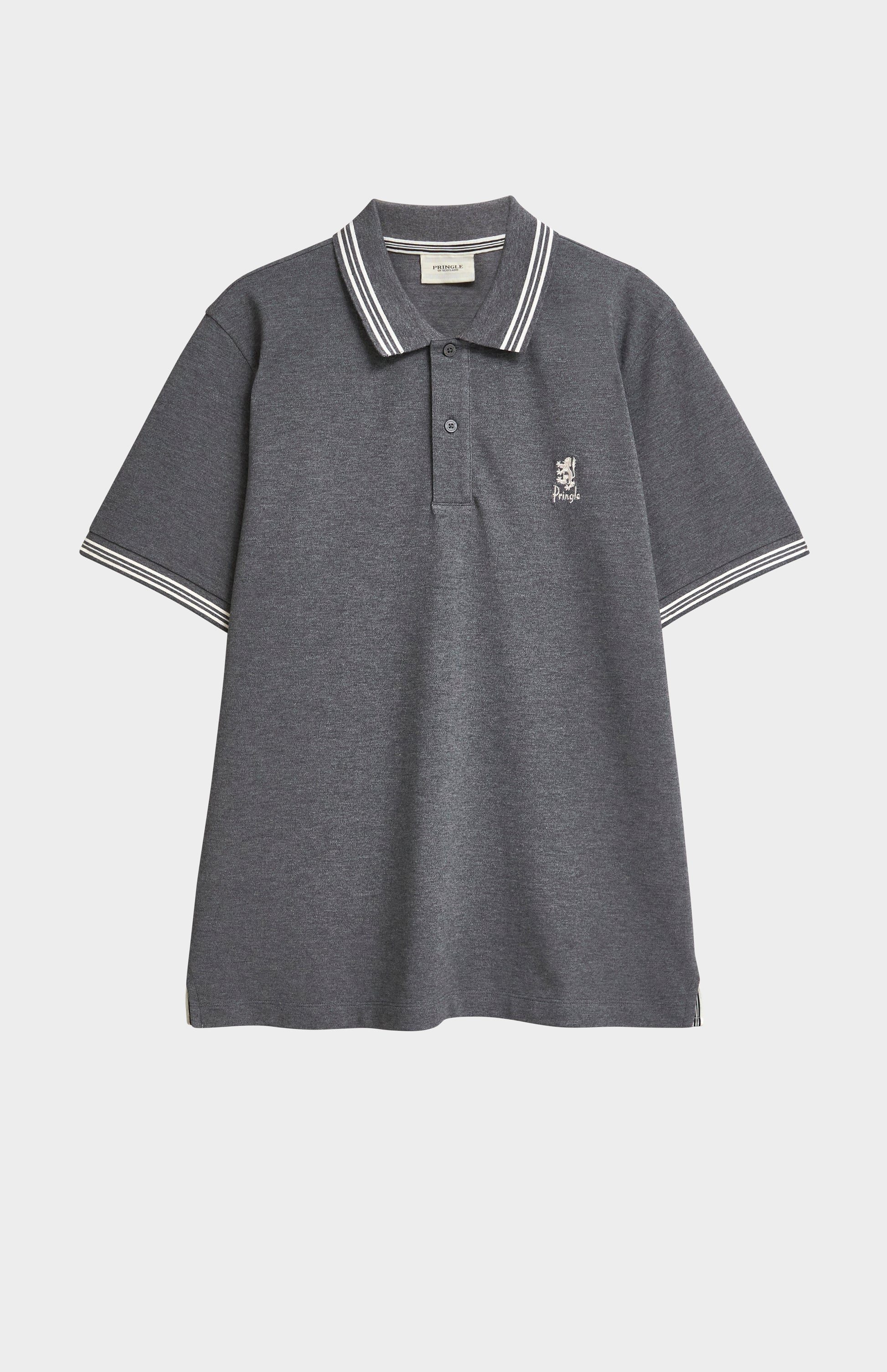 A charcoal grey polo with white tipping details and a Pringle logo on the upper side of the chest