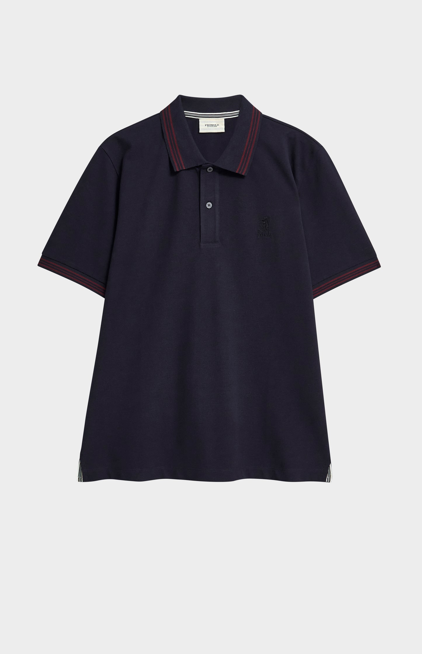 A navy polo shirt with burgundy tipping details and Pringle logo on upper side of chest