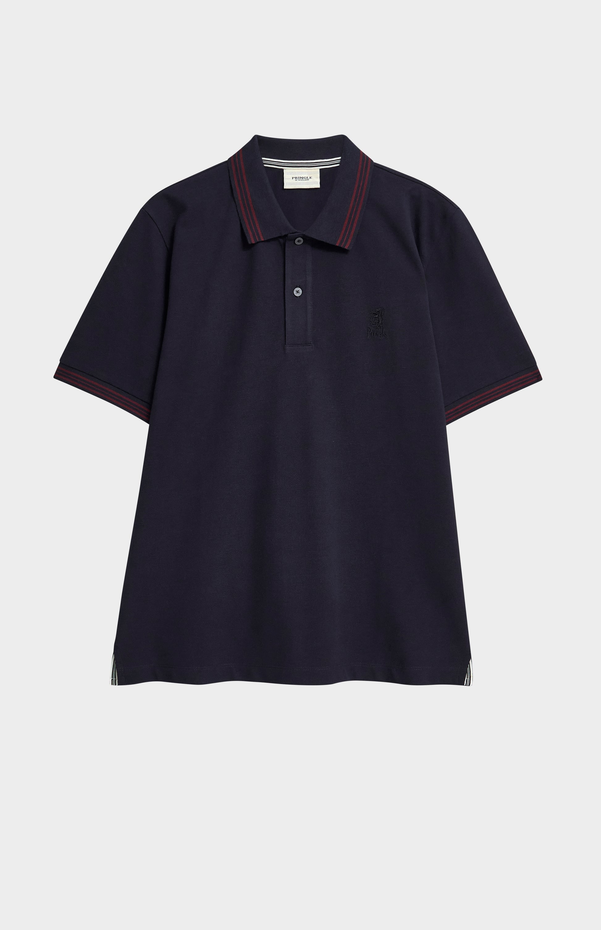 A navy polo shirt with burgundy tipping details and Pringle logo on upper side of chest