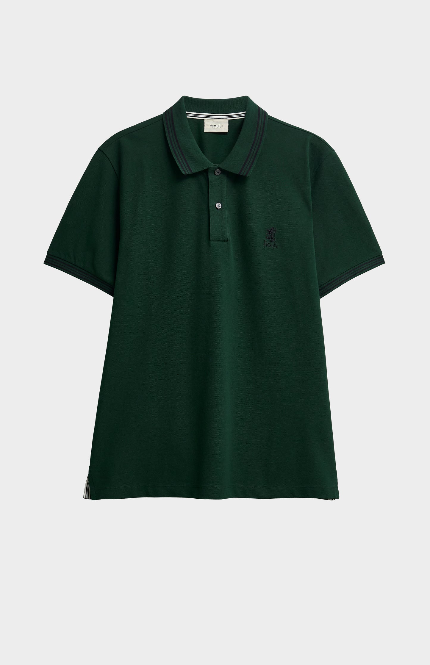 A forest green polo with tipping details and small Pringle logo on upper side of chest