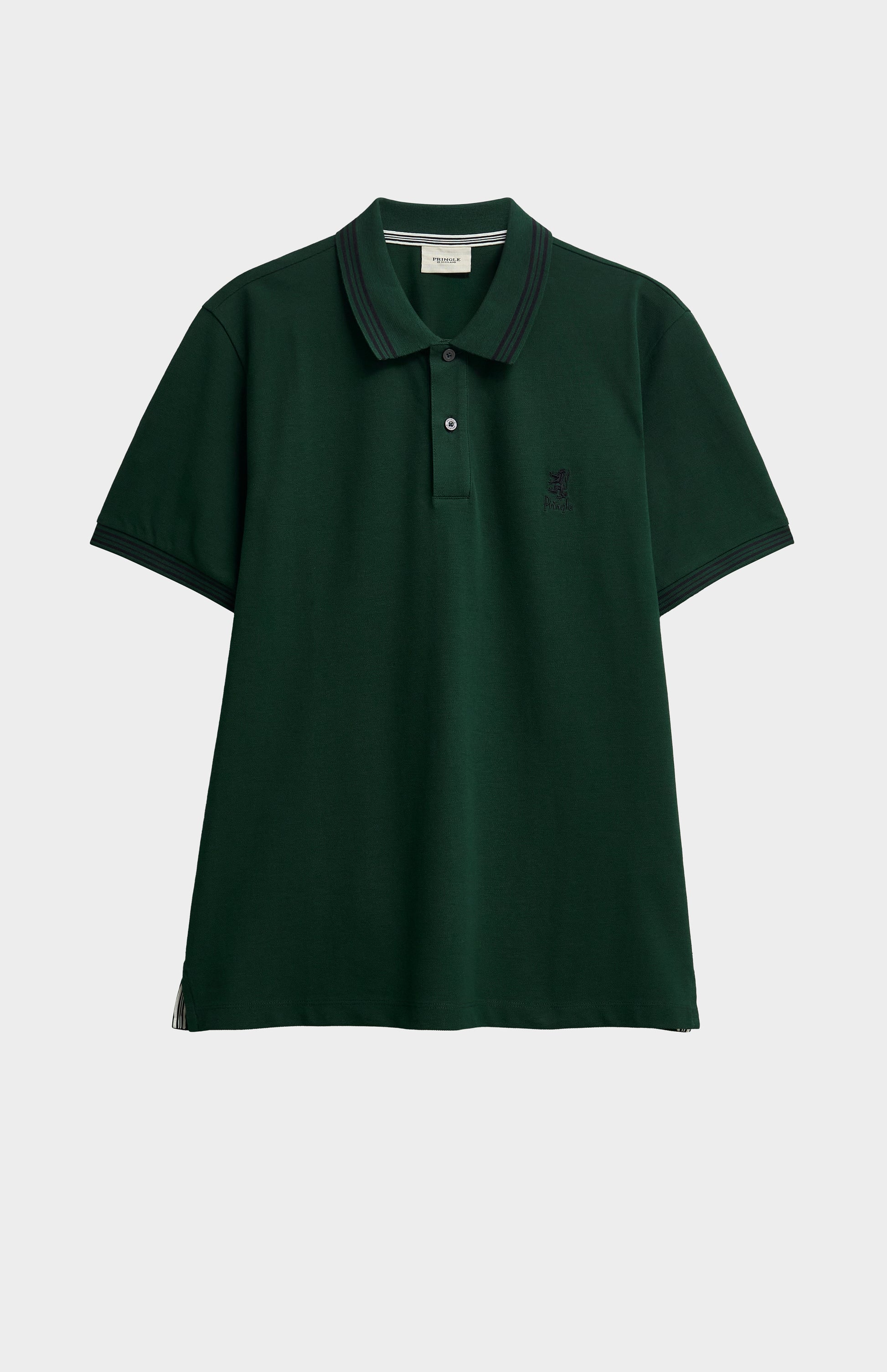 A forest green polo with tipping details and small Pringle logo on upper side of chest
