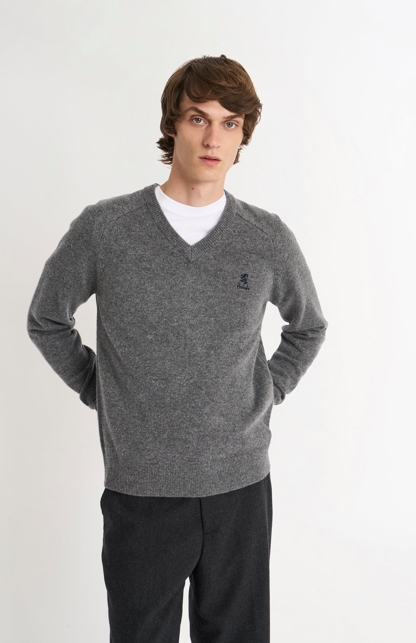 Pringle of Scotland Men’s Lambswool V Neck Jumper In Grey Melange on model