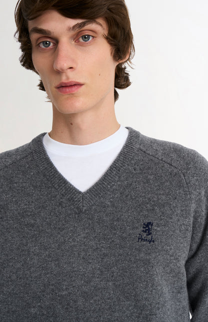 Pringle of Scotland Men’s Lambswool V Neck Jumper In Grey Melange showing embroided logo