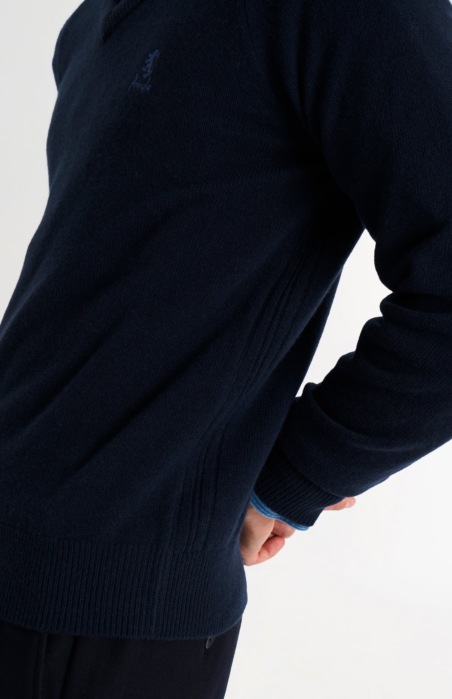 Pringle of Scotland Men’s Lambswool V Neck Jumper In Navy Blue showing button detail