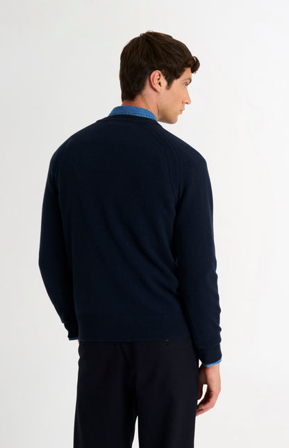 Pringle of Scotland Men’s Lambswool V Neck Jumper In Navy Blue rear view