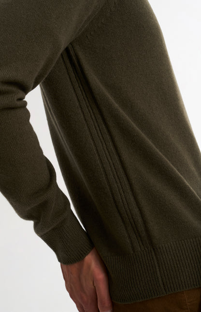 Pringle of Scotland Men’s Lambswool V Neck Jumper In Dark Olive showing side detail