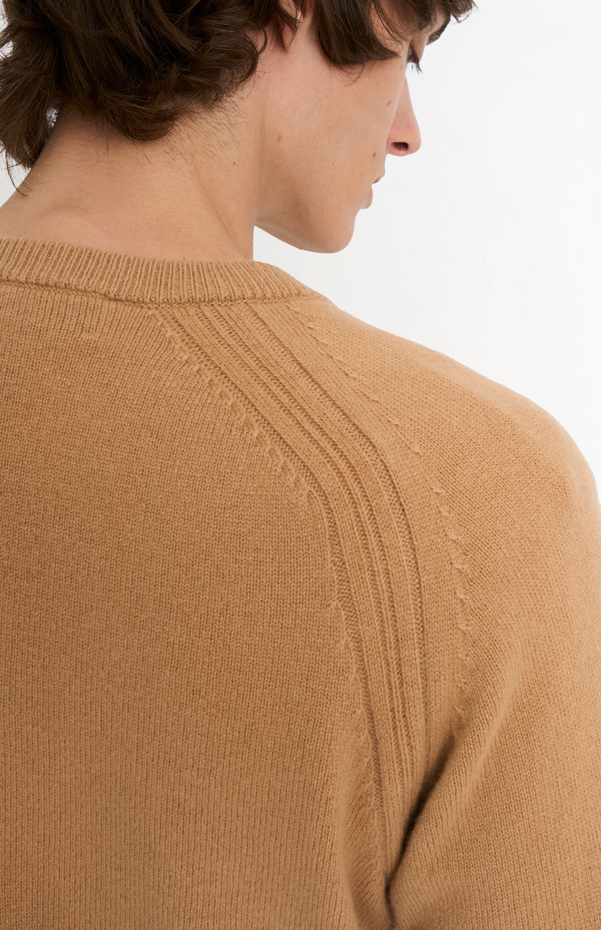 Pringle of Scotland Men’s Lambswool V Neck Jumper In Camel showing back neck detail