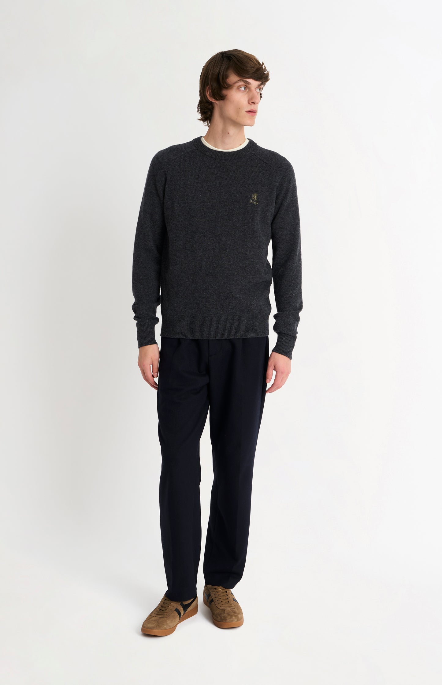 Pringle of Scotland Men’s Lambswool Crew Neck Jumper In Charcoal on model full length