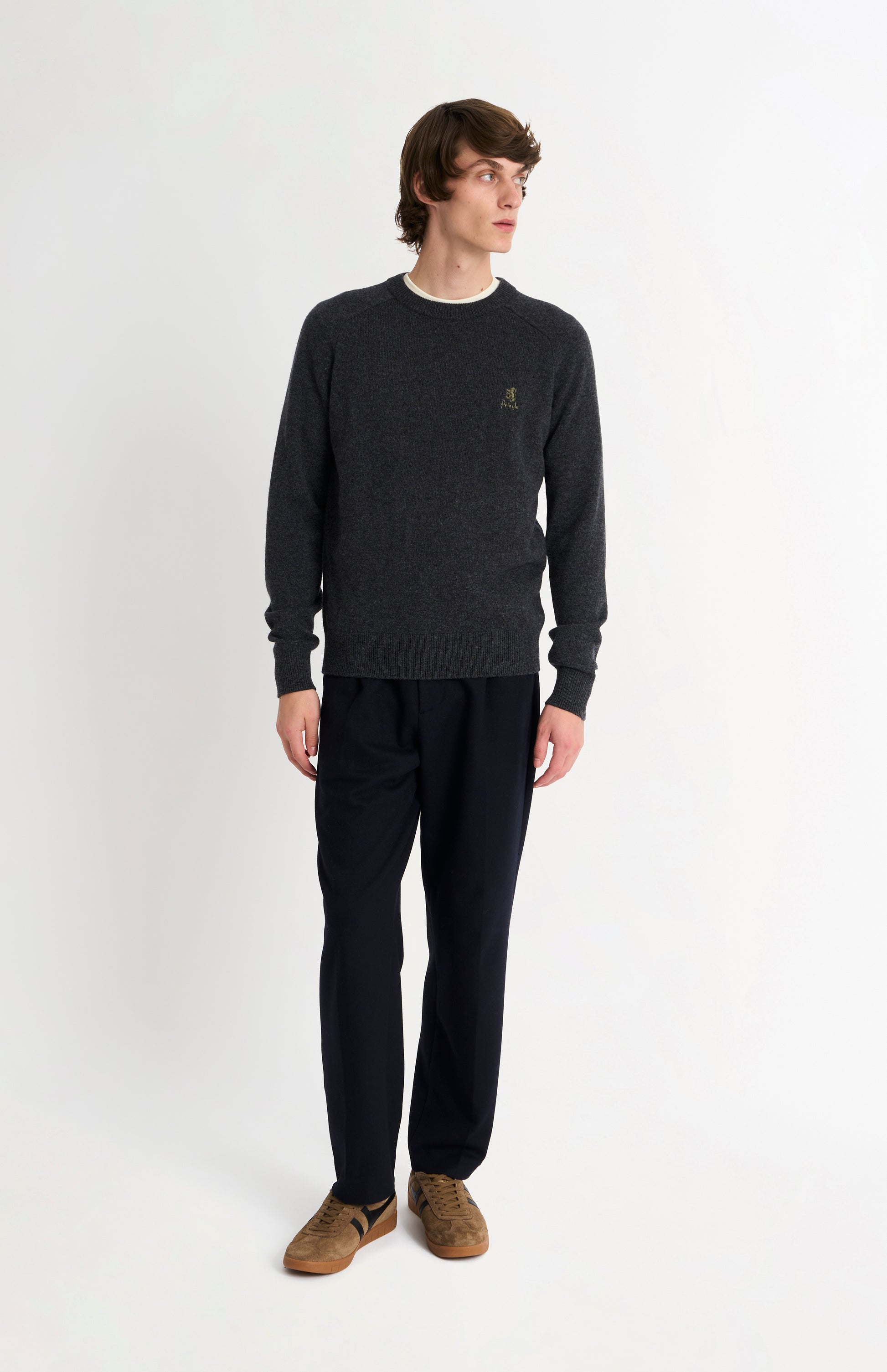 Pringle of Scotland Men’s Lambswool Crew Neck Jumper In Charcoal on model full length