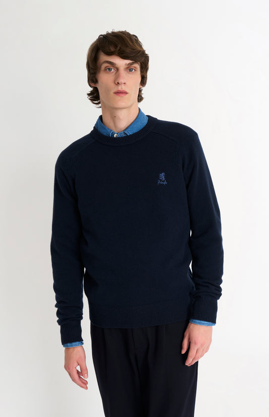 Pringle of Scotland Men’s Lambswool Crew Neck Jumper In Navy Blue on model
