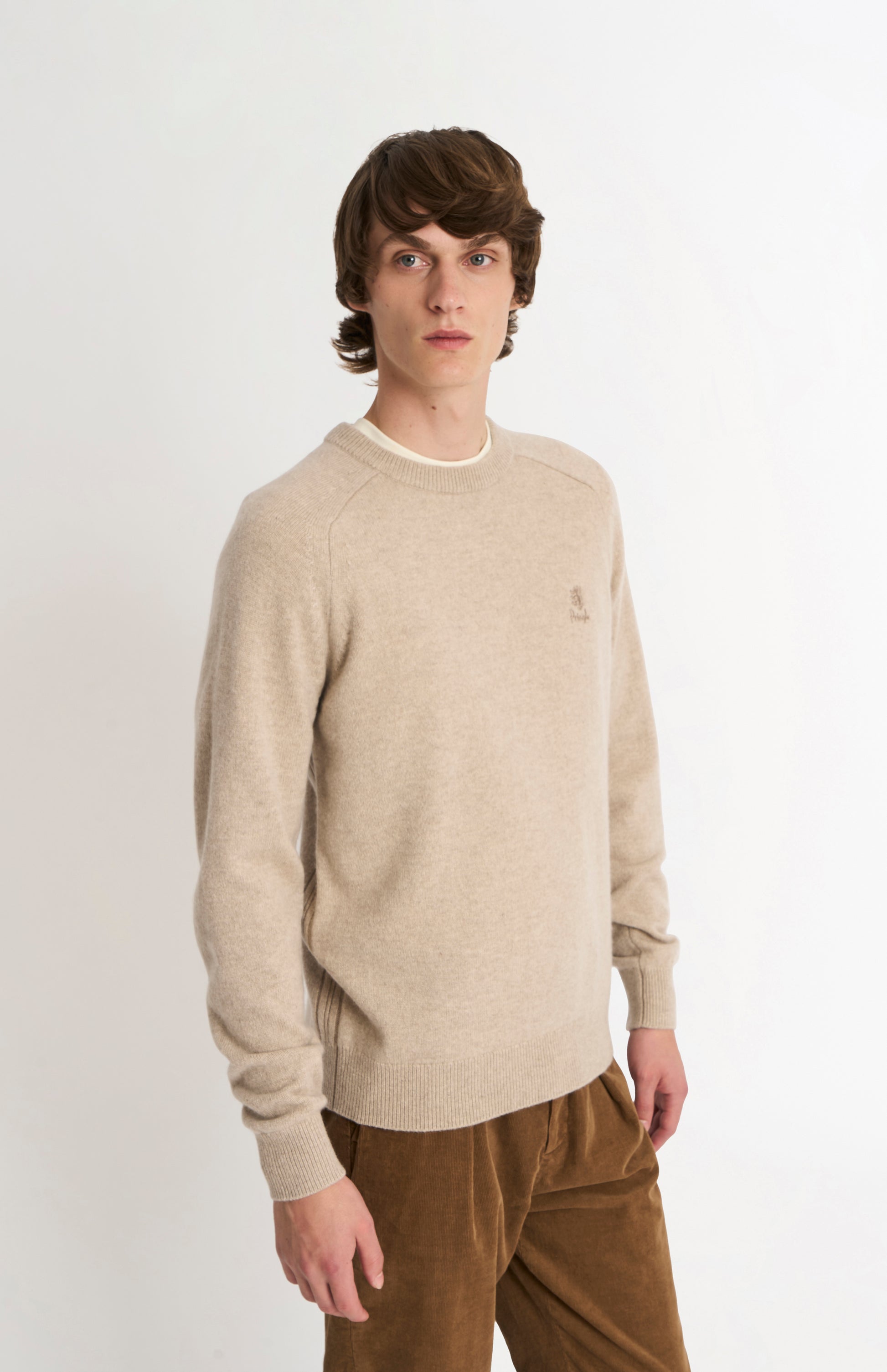 Pringle of Scotland Men’s Lambswool Crew Neck Jumper In Oatmeal on model