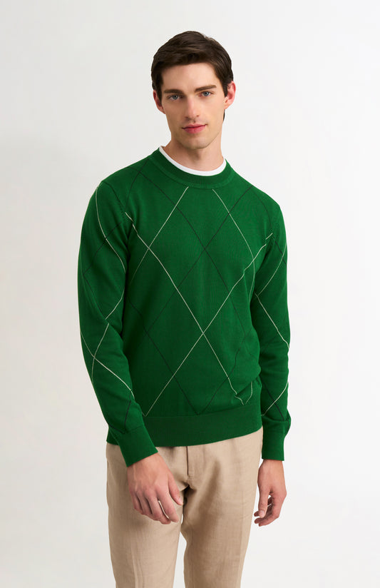 Men's Cotton And Silk Raker Stitch Crew Neck Jumper In Green & Ecru