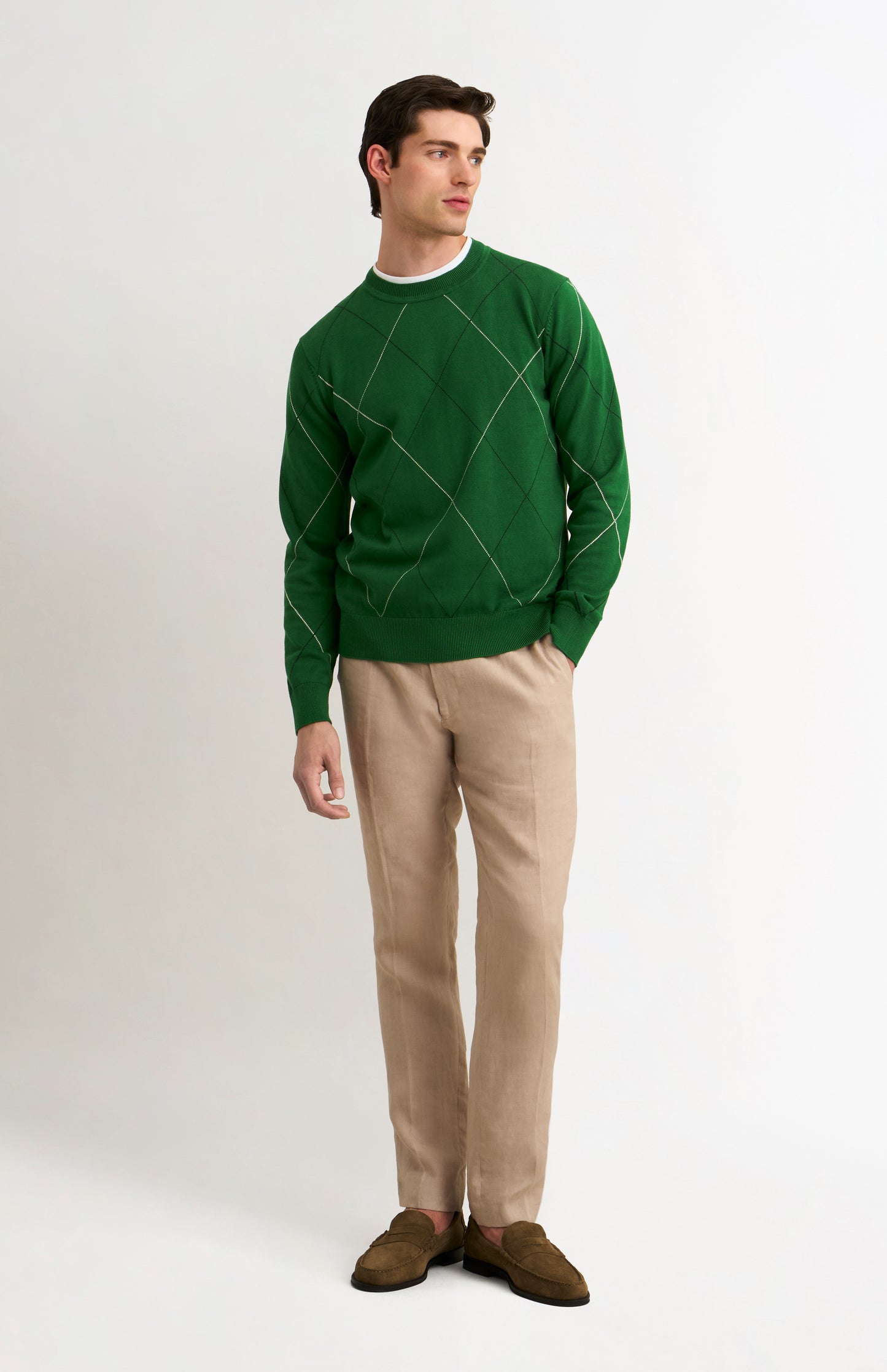 Men's Cotton And Silk Raker Stitch Crew Neck Jumper In Green & Ecru
