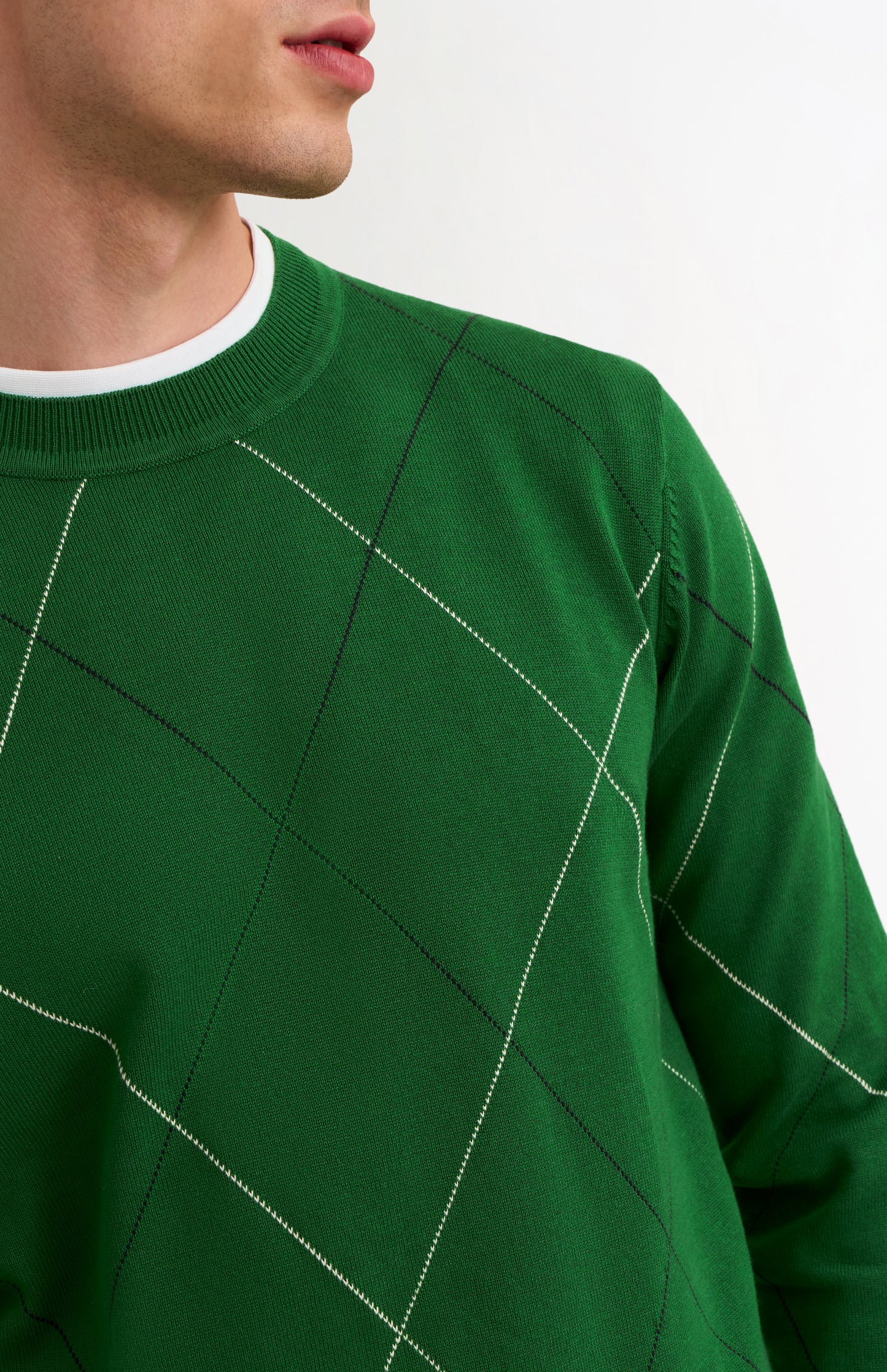 Men's Cotton And Silk Raker Stitch Crew Neck Jumper In Green & Ecru
