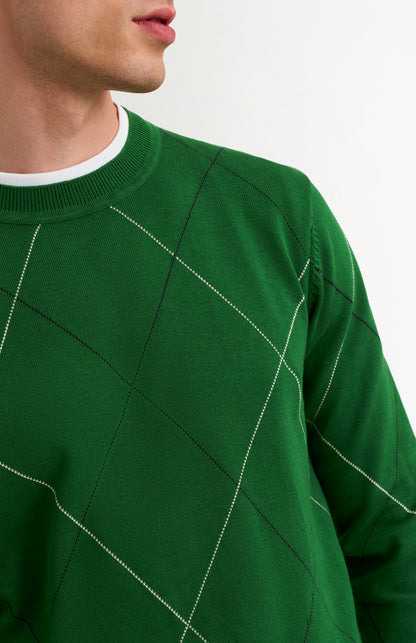 Men's Cotton And Silk Raker Stitch Crew Neck Jumper In Green & Ecru