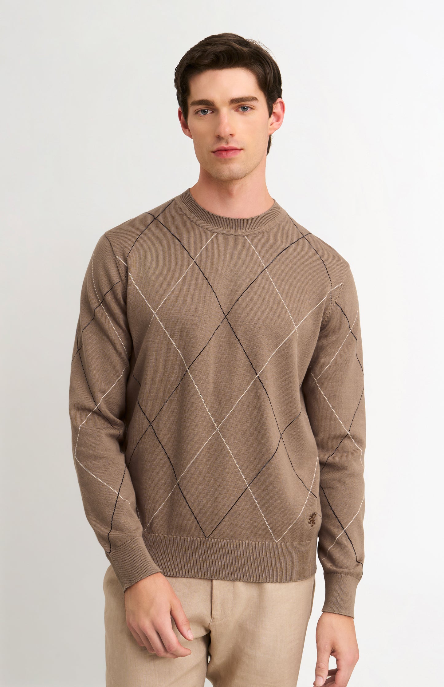Men's Cotton And Silk Raker Stitch Crew Neck Jumper In Mushroom & Ecru