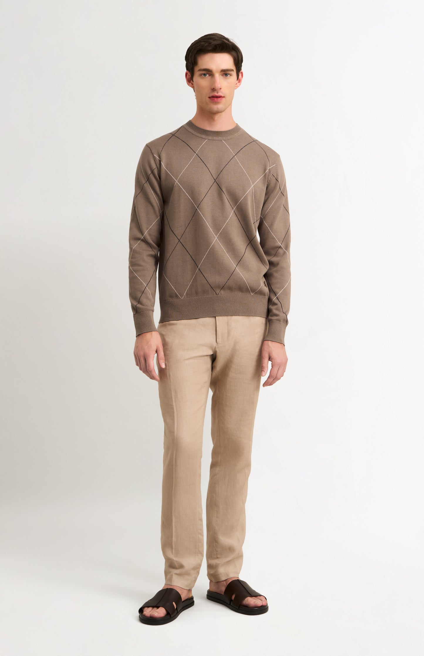 Men's Cotton And Silk Raker Stitch Crew Neck Jumper In Mushroom & Ecru