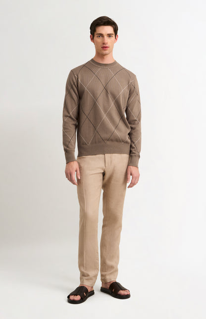 Men's Cotton And Silk Raker Stitch Crew Neck Jumper In Mushroom & Ecru
