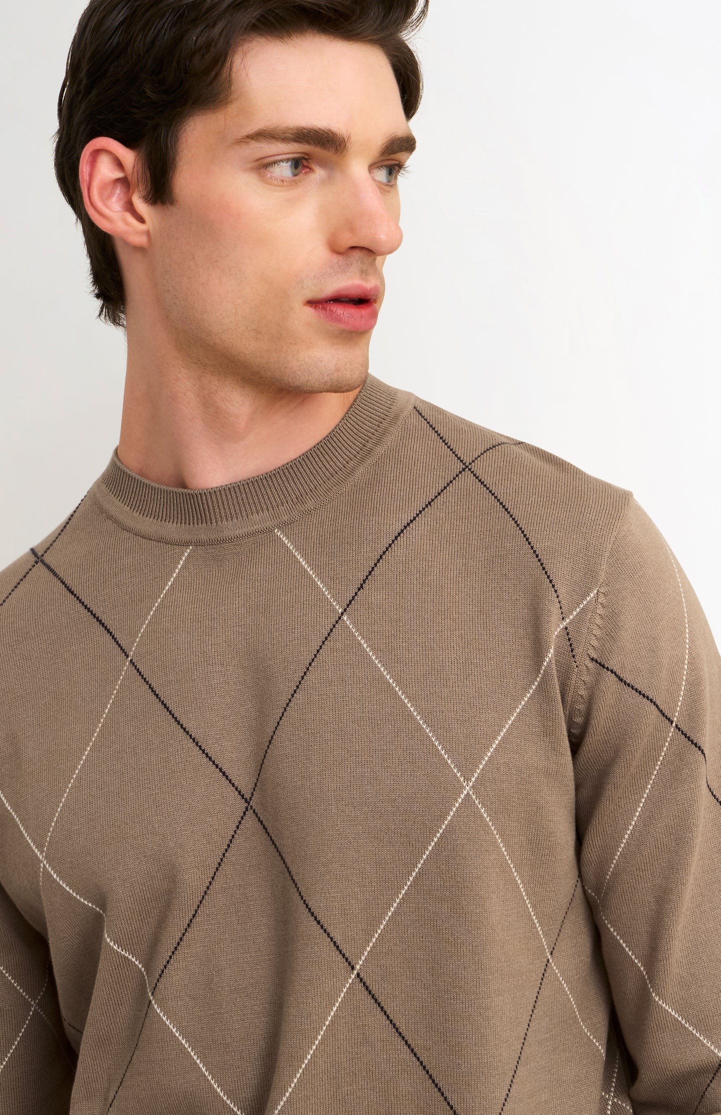Men's Cotton And Silk Raker Stitch Crew Neck Jumper In Mushroom & Ecru