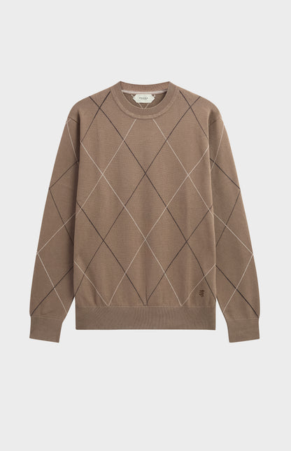 Men's Cotton And Silk Raker Stitch Crew Neck Jumper In Mushroom & Ecru