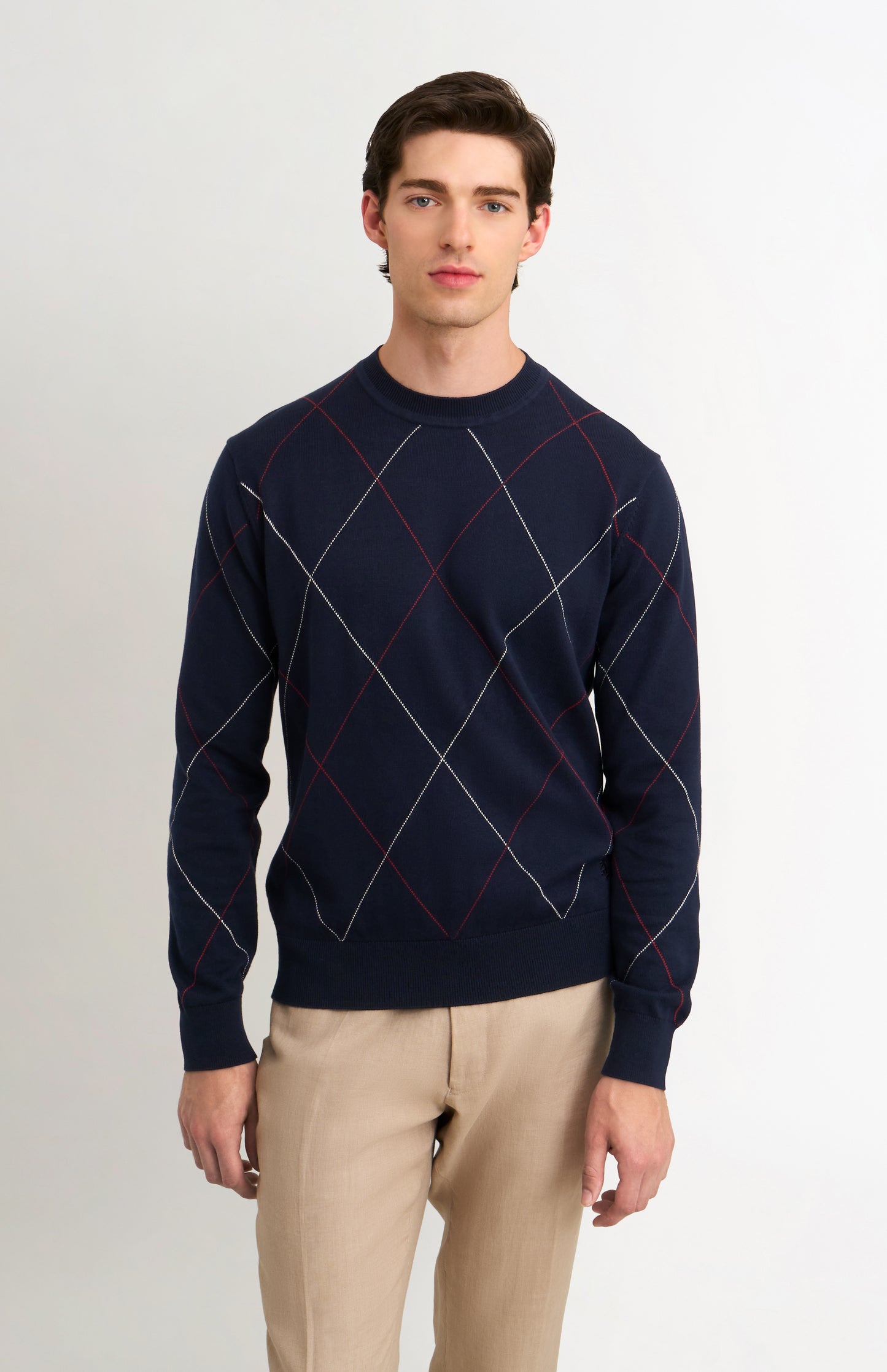 Men's Cotton And Silk Raker Stitch Crew Neck Jumper In Navy & Red