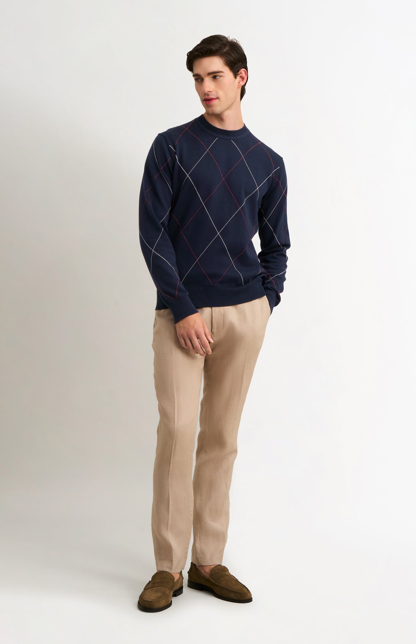 Men's Cotton And Silk Raker Stitch Crew Neck Jumper In Navy & Red