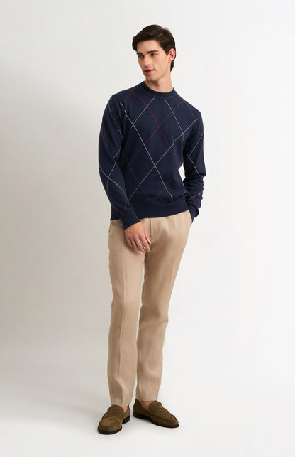Men's Cotton And Silk Raker Stitch Crew Neck Jumper In Navy & Red